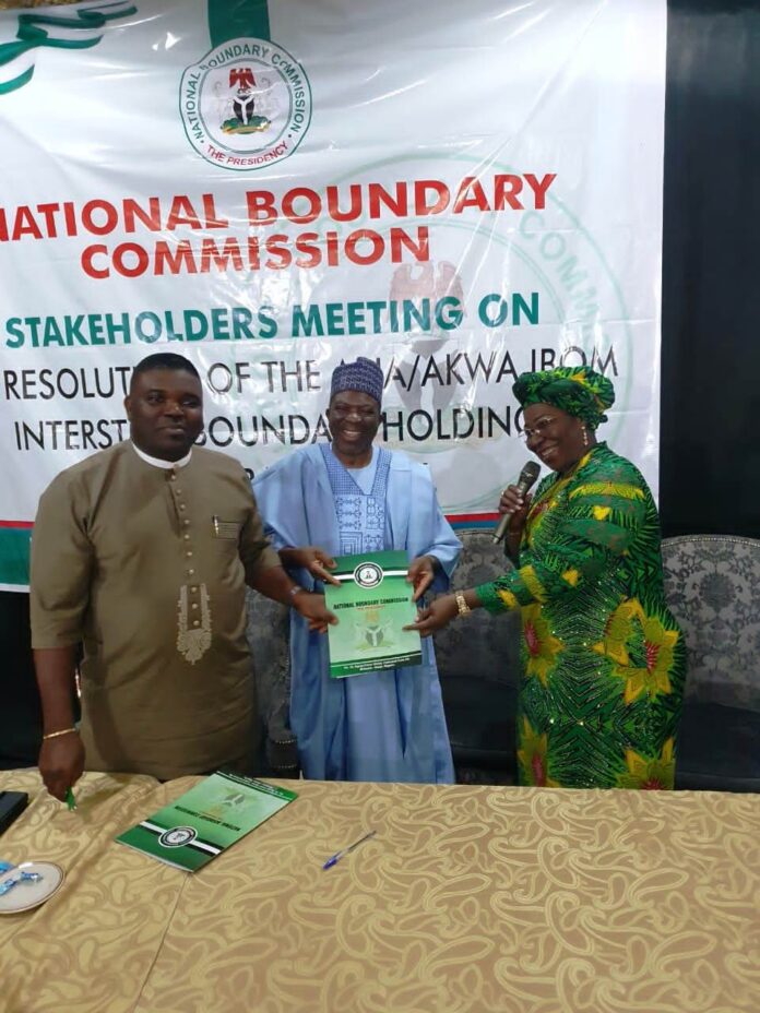 L-R Deputy Governor of Abia State, Engr. Ikwchkwu Emetu, Director-General of the National Boundary Commission Surv. Adamu Adaji and Deputy Governor of Akwa Ibom State, Dr. Senator Akon Eyakenyi