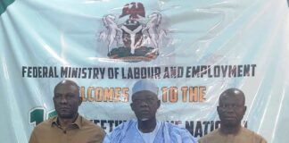 Minister of Labour and Employment, Muhammad Maigari Dingyadi (middle); Director Overseeing the Office of the Permanent Secretary (DOOPS), John Nyamali (left); Director, Employment and Wages, Joseph Akpan (right) at the National Employment Council meeting, Abuja