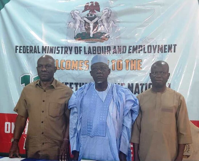 Minister of Labour and Employment, Muhammad Maigari Dingyadi (middle); Director Overseeing the Office of the Permanent Secretary (DOOPS), John Nyamali (left); Director, Employment and Wages, Joseph Akpan (right) at the National Employment Council meeting, Abuja