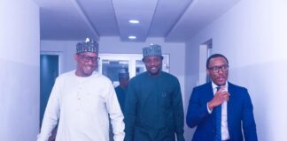 The Chairman National Sports Commission, Mallam Shehu Dikko with the Officials of the Presidential Office of Digital Engagement and Strategy when they paid him a visit at his office at the Moshood Abiola National Stadium, Abuja.