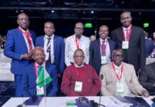 L-R: Inspector General of Police, IGP Olukayode Egbetokun, Vice President Africa (INTERPOL), AIG Umar Garba (RTD), Minister of Police Affairs, Senator Ibrahim Gaidam, Vice President Africa (INTERPOL), AIG Umar Garba (RTD), and others at the 92nd session of the INTERPOL General Assembly taking place from 4 to 8 November 2024 in Glasgow, United Kingdom.