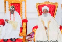 (L) The Olubadan of Ibadanland, His Imperial Majesty, Oba Akinloye Owolabi Olakunlehin, Ige Olakulehin 1 plays host to Sultan of Sokoto, Alhaji Muhammad Sa’ad Abubakar