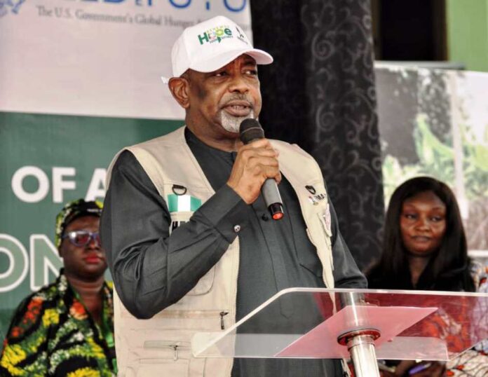 The Minister of Agriculture and Food Security, Sen Abubakar Kyari, during the commissioning of the Ultra Modern Fish Hatchery facility in Calabar, Cross River State.