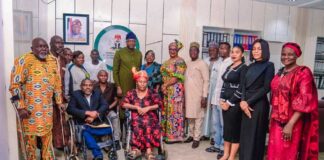 ( 2nd row, 9th Right), Honourable Minister of Humanitarian Affairs and Poverty Reduction Prof. Nentawe Goshwe Yilwatda, (8th Right) Felicia Yakzum, (front row 1st left), Convener of the National Disability Civil Rights , Job Napoleon, (front row,1st Right) leader of the Pioneer of Nigeria National Disability Civil Rights Movements, Lady Omotunde Ellen Thompson, and other dignitaries during the courtesy visit on the Minister, Tuesday 19th November 2024 at the Ministry's Headquarters Abuja