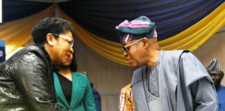 R-L: The Minister of Marine and Blue Economy, His Excellency, Adegboyega Oyetola, CON, in a handshake with the Head of the Civil Service of the Federation, Mrs Didi Esther Walson-Jack, OON, mni, at the Opening Ceremony of 39th Annual National Conference in Abuja.