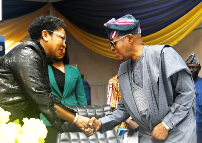 R-L: The Minister of Marine and Blue Economy, His Excellency, Adegboyega Oyetola, CON, in a handshake with the Head of the Civil Service of the Federation, Mrs Didi Esther Walson-Jack, OON, mni, at the Opening Ceremony of 39th Annual National Conference in Abuja.