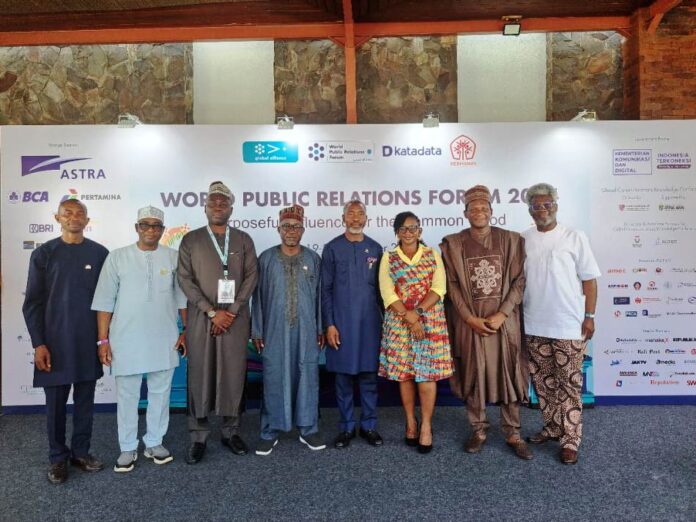 Some members of the Nigeria Institute of Public Relations (NIPR) at the event from left: Stanley Ogadigbo, Director of Public Relations at NIPR; Brig. Gen. Tukur Gusau, Director Army Public Relations; Dr. Suleiman Haruna, Director PR, Federal Ministry of Information and National Orientation; YD Mohammed, Director PR, Federal Inland Revenue Service; Dr. Ike Neliaku, President NIPR; Maryam Julde-Adura, FIRS; Yakubu Lamai, DG Stratcomm Nasarawa State; and Dr. Omoniyi Ibietan, Head of Media Relations, Nigeria Communications Commission.