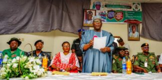 L-R: Corps Commandant Olusegun Omolale Ojo; Commissioner of Police CP Victor Olaiya; Commissioner for Social Development Hon. Olaitan Abosede Buraimoh; Kwara State Governor AbdulRahman AbdulRazaq; Chairman Nigeria Legion Kwara State Chapter Retd. Major Gen Abdulkadir Anigiobi; and Commander 22 Armoured Brigade, Brigadier General Oluwafemi Williams; during the launching of the Armed Forces Remembrance Day emblem for 2025, in Ilorin, on Tuesday.