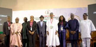 R - L: His Excellency, The Executive Governor of Benue State Rev fr Dr. Hyacinth Iormem Alia and The Permanent Secretary, Federal Ministry of Communications, Innovation and Digital Economy Engr. Faruk Yusuf Yabo all (middle) in a group photograph with the Chief Executive Officers of the ministry's in Makurdi at the 12th NCCIDE