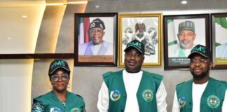 L-R, the Director, Human Resources Management Services,Mrs Moduape Adedayo,Minister of State for Agriculture and Food Security, Sen.Dr Aliyu Sabi Abdullahi and Permanent Secretary, Mr Temitope Fashedemi, during the launching of PMS Day in Abuja.