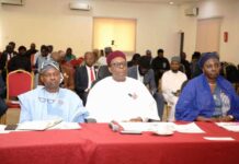 @ 9th Meeting of the Oversight Ministerial Committee on BHCPF: Middle:Chairman BHCPF meeting and Coordinating Minister for Health & Social Welfare Prof. Muhammad Ali Pate; Left: Dr. Iziaq Adekunle Salako Honourable Minister of State for Health & Social Welfare & Permanent Secretary Daju Kachollom mni.