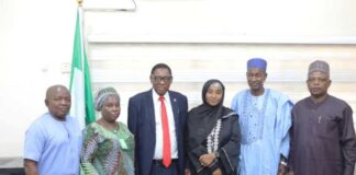 The Honourable Minister of State for Education, Dr. Suwaiba Said Ahmad, flanked by Professor Lawrence Femi Ademiluyi (President, ABEN), Prof. Chika Ile (Past President, ABEN), Dr. Christy Enang (Treasurer, ABEN), Professor Titus Umoru (Past President, ABEN), and Dr. S.O. Wagbara (Public Relations Officer, ABEN), during a meeting with the Association of Business Educators of Nigeria (ABEN) at the Federal Ministry of Education Headquarters, Abuja on 2nd of December 2024