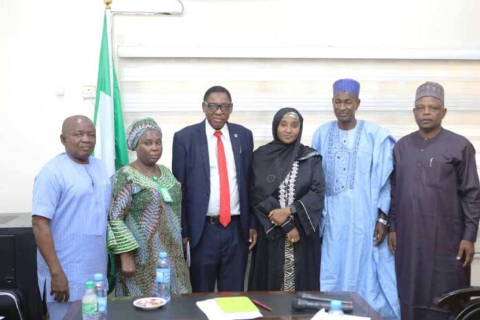 The Honourable Minister of State for Education, Dr. Suwaiba Said Ahmad, flanked by Professor Lawrence Femi Ademiluyi (President, ABEN), Prof. Chika Ile (Past President, ABEN), Dr. Christy Enang (Treasurer, ABEN), Professor Titus Umoru (Past President, ABEN), and Dr. S.O. Wagbara (Public Relations Officer, ABEN), during a meeting with the Association of Business Educators of Nigeria (ABEN) at the Federal Ministry of Education Headquarters, Abuja on 2nd of December 2024