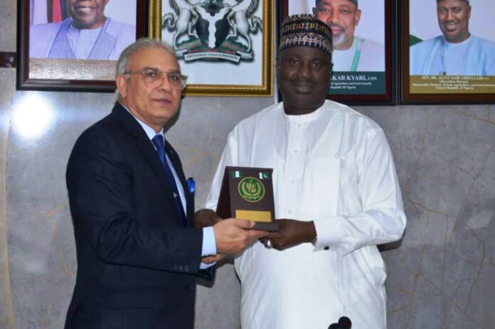 L-R, the High Commissioner of Pakistan to Nigeria, Major General Sohali Ahmad Khan (rtd) and Minister of State for Agriculture and Food Security, Sen.Dr Aliyu Sabi Abdullahi, during the courtesy visit in Abuja.