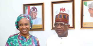 L_R: Minister of Police Affairs, Senator Ibrahim Gaidam, and Special Adviser to Mr. President on Policy Coordination and Head, Central Results Delivery Coordination Unit, Hadiza Bala Usman during the presentation of the Ministry’s performance scorecard in delivering on assigned mandates in the last three (3) Quarters of 2024 at the Headquarters of the Ministry recently.