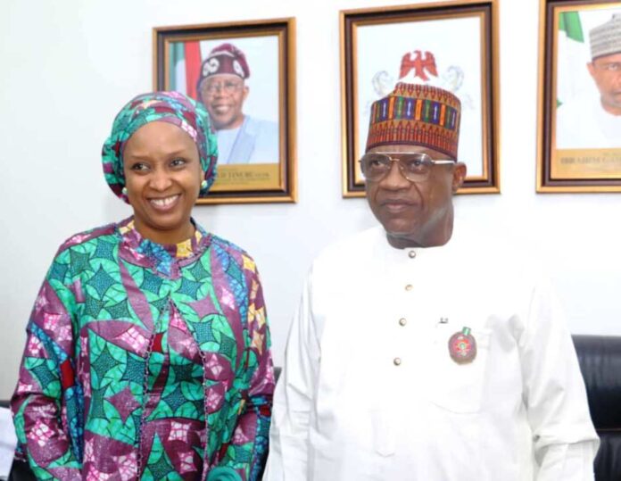 L_R: Minister of Police Affairs, Senator Ibrahim Gaidam, and Special Adviser to Mr. President on Policy Coordination and Head, Central Results Delivery Coordination Unit, Hadiza Bala Usman during the presentation of the Ministry’s performance scorecard in delivering on assigned mandates in the last three (3) Quarters of 2024 at the Headquarters of the Ministry recently.