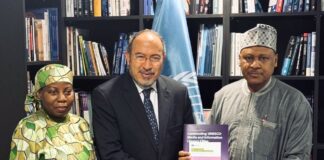 L-R: Nigeria’s Ambassador and Permanent Delegate to UNESCO, Dr. Hajo Sani; UNESCO Assistant Director-General for Communication and Information, Dr. Tawfik Jelassi presenting a copy of the Guidelines for the Governance of Digital Platforms to the Minister of Information and National Orientation, Mohammed Idris, at a meeting in Paris on Thursday on the sidelines of President Tinubu’s State Visit to France.