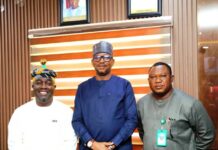 L-R The Director General National Sports Commission, Hon. Bukola Olapade; The Chairman National Sports Commission, Mallam Shehu Dikko and the President Sports Writers Association of Nigeria (SWAN) Mr. Isaiah Benjamin when SWAN Executives paid a courtesy visit to the Chairman NSC