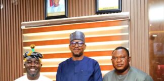 L-R The Director General National Sports Commission, Hon. Bukola Olapade; The Chairman National Sports Commission, Mallam Shehu Dikko and the President Sports Writers Association of Nigeria (SWAN) Mr. Isaiah Benjamin when SWAN Executives paid a courtesy visit to the Chairman NSC