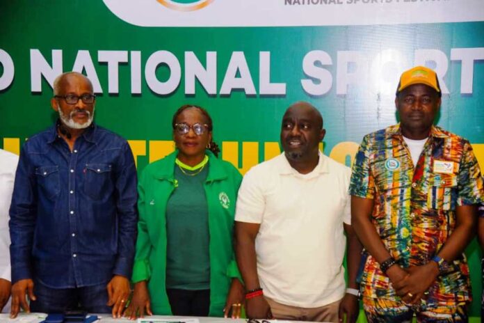 L-R The Executive Secretary, Local organizing committee, Dr. Kweku Tandor; The Secretary Main Organizing Committee(MOC), Mrs. Thecla Opara; The Director General National Sports Commission & Chairman MOC, Hon Adebukola Olapade and the Commissioner Ministry of Youth and Sports Development Ogun State, Hon Wasiu Isiaka during the Ist Joint Technical Committee meeting on 22nd National Sports Festival Ogun State