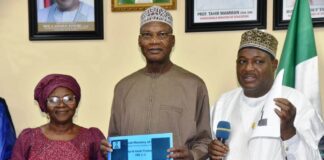 Hon. Minister of Education, Prof. Tahir Mamman OON,SAN (middle); Permanent Secretary, Federal Ministry of Education, Dr Nasir Sani-Gwarzo,mni,NPOM,FWACP (right); Acting Executive Secretary, Nigerian Education Research & Development Council, NERDC, Dr Margaret Lawani (left); during a meeting of stakeholders in the Education sector on the implementation of the new education curriculum in Abuja on Monday 14th October, 2024.