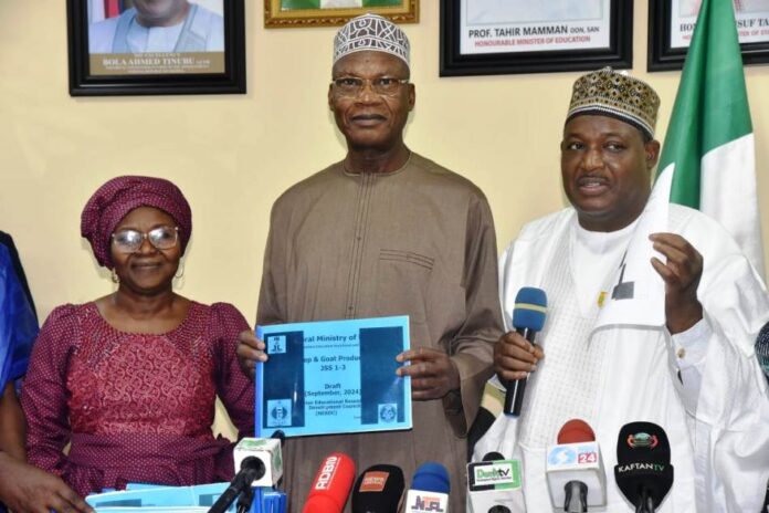 Hon. Minister of Education, Prof. Tahir Mamman OON,SAN (middle); Permanent Secretary, Federal Ministry of Education, Dr Nasir Sani-Gwarzo,mni,NPOM,FWACP (right); Acting Executive Secretary, Nigerian Education Research & Development Council, NERDC, Dr Margaret Lawani (left); during a meeting of stakeholders in the Education sector on the implementation of the new education curriculum in Abuja on Monday 14th October, 2024.