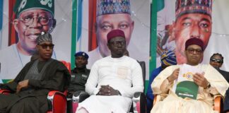 L-R: His Excellency, the Governor of Borno State, Prof. Babagana Umara Zulum, Honourable Minister, Federal Ministry of Youth Development, Comrade Ayodele Olawande and the Permanent Secretary of Ministry of Youth Development, Olubunmi Olusanya, at the Closing ceremony of the National Council on Youth Development, held in Maiduguri, Borno State.