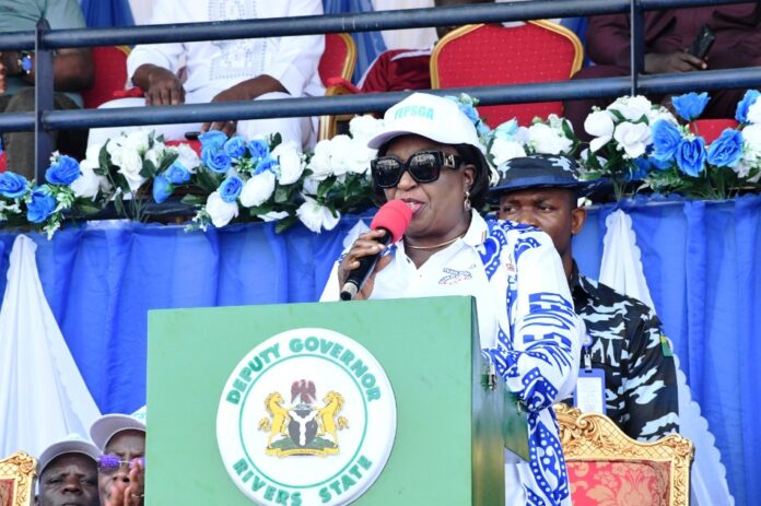 The Representative of the Head of the Civil Service of the Federation, Dr Magdalene Ajani, reading her address at the Opening Ceremony of the 43rd Edition of FEPSGA, in Port-Harcourt.