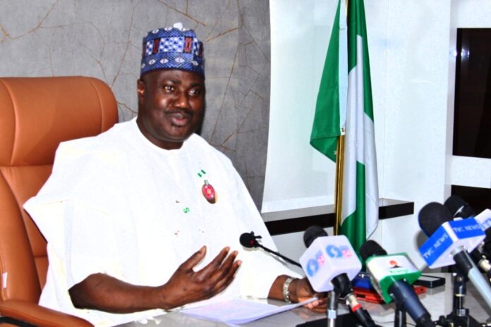 The Minister of State for Agriculture and Food Security, Sen.Dr Aliyu Sabi Abdullahi, during the media briefing in Abuja