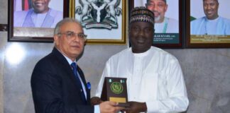 L-R, the High Commissioner of Pakistan to Nigeria, Major General Sohali Ahmad Khan (rtd) and Minister of State for Agriculture and Food Security, Sen.Dr Aliyu Sabi Abdullahi, during the couresty visit in Abuja.