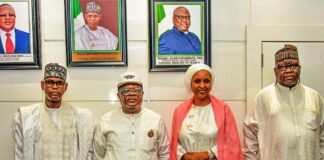 L-R; Group Photograph of the Hon. Minister of State, Federal Ministry of Works Muhammad Bello Goronyo Esq, Hon. Minister of Federal Ministry of works, Sen. Engr. Nweze David Umahi, CON, FNSE, the Special Adviser to the President on Policy and Coordination, Hadiza Bala-Usman and the Permanent Secretary of the Ministry of works, Yakubu Adam Kofamata, PhD, in a group photograph during monitoring visit on first and second quarter performances of the Ministry 6th Dec. 2024 in Abuja.