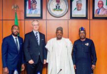 The Hon. Minister of Budget and Economic Planning flanked to the left by the International Monetary Fund (IMF) Mission Chief for Nigeria, Mr. Axel Schimmelpfenning, Mr. Christian H. Ebeke, the IMF Resident Representative for Nigeria and the Permanent Secretary MBEP, Dr. Vitalis Obi mni, during the courtesy visit yesterday.