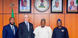 The Hon. Minister of Budget and Economic Planning flanked to the left by the International Monetary Fund (IMF) Mission Chief for Nigeria, Mr. Axel Schimmelpfenning, Mr. Christian H. Ebeke, the IMF Resident Representative for Nigeria and the Permanent Secretary MBEP, Dr. Vitalis Obi mni, during the courtesy visit yesterday.