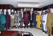 The Minister of State for Agriculture and Food Security, Sen.Dr Aliyu Sabi Abdullahi (C), Deputy Director General, IITA,Dr. Bernard Vanlauwe and officials of the Ministry during courtesy visit.