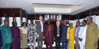 The Minister of State for Agriculture and Food Security, Sen.Dr Aliyu Sabi Abdullahi (C), Deputy Director General, IITA,Dr. Bernard Vanlauwe and officials of the Ministry during courtesy visit.