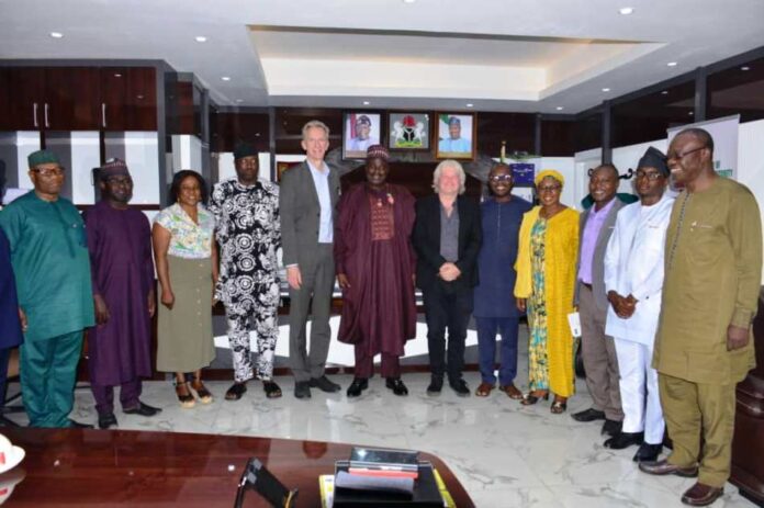 The Minister of State for Agriculture and Food Security, Sen.Dr Aliyu Sabi Abdullahi (C), Deputy Director General, IITA,Dr. Bernard Vanlauwe and officials of the Ministry during courtesy visit.