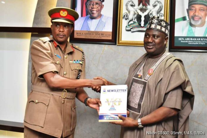 L-R, Major General Stephen Mutuku (Rtd)and Minister of State for Agriculture and Food Security, Sen.Dr Aliyu Sabi Abdullahi, during the courtesy visit in Abuja.