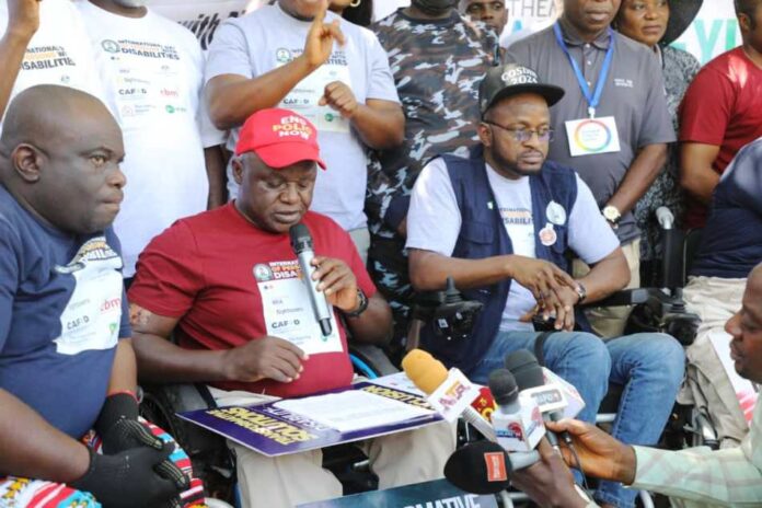 (L-R) Donald Unanka, Hon. Ayuba Gufwan, and Hon. Mohammed Abba Isa, SSA to the President on Special Needs and Equal Opportunities during the press briefing at the Unity Fountain after the rally.