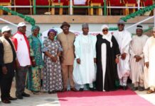 5th Left, Representative of the Minister of State Federal Ministry of Humanitarian Affairs and Poverty Reduction, the Director Humanitarian Affairs Ezulu Valentine, 6th Left, Representative of the Governor of Bauchi State the SSG, Hon Aminu Hammayo Magatakarda, 4th left Representative of the President of ECOWAS Commissioner the Director Humanitarian and Social Affairs Sintiki Tarfa Ugbe, 4th Right, Commissioner Humanitarian Affairs and Disaster Management Hon Hajara Yakubu Wanka, Director Information and Public Relations, FMHAPR, Iliya Rhoda Ishaku and other dignitaries during the grand finale of the ECOWAS EMERGENCY Response project held on Wednesday 8th January 2025 Mat Government House Bauchi State