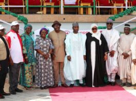 5th Left, Representative of the Minister of State Federal Ministry of Humanitarian Affairs and Poverty Reduction, the Director Humanitarian Affairs Ezulu Valentine, 6th Left, Representative of the Governor of Bauchi State the SSG, Hon Aminu Hammayo Magatakarda, 4th left Representative of the President of ECOWAS Commissioner the Director Humanitarian and Social Affairs Sintiki Tarfa Ugbe, 4th Right, Commissioner Humanitarian Affairs and Disaster Management Hon Hajara Yakubu Wanka, Director Information and Public Relations, FMHAPR, Iliya Rhoda Ishaku and other dignitaries during the grand finale of the ECOWAS EMERGENCY Response project held on Wednesday 8th January 2025 Mat Government House Bauchi State