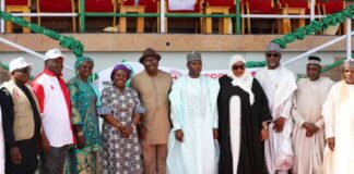 5th Left, Representative of the Minister of State Federal Ministry of Humanitarian Affairs and Poverty Reduction, the Director Humanitarian Affairs Ezulu Valentine, 6th Left, Representative of the Governor of Bauchi State the SSG, Hon Aminu Hammayo Magatakarda, 4th left Representative of the President of ECOWAS Commissioner the Director Humanitarian and Social Affairs Sintiki Tarfa Ugbe, 4th Right, Commissioner Humanitarian Affairs and Disaster Management Hon Hajara Yakubu Wanka, Director Information and Public Relations, FMHAPR, Iliya Rhoda Ishaku and other dignitaries during the grand finale of the ECOWAS EMERGENCY Response project held on Wednesday 8th January 2025 Mat Government House Bauchi State