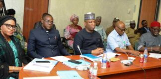 The Honourable Minister of Steel Development, Prince Shuaibu Abubarka Audu (middle), on his immediate right, the Permanent Secretary, Dr. Chris Osa.Isokpunwu, and on his far right, the Director, Finance and Account, Ngozi Akaoudu; on the HM left is Director Minerals Resources and Investment Promotion, Imeh Ikrikpo and Director Metallurgical Inspectorate, Frederick Ewa at the Joint Committee meeting on the 2025 Budget Defense at the National Assembly, on Friday 17th January 2025.