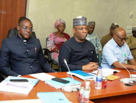 The Honourable Minister of Steel Development, Prince Shuaibu Abubarka Audu (middle), on his immediate right, the Permanent Secretary, Dr. Chris Osa.Isokpunwu, and on his far right, the Director, Finance and Account, Ngozi Akaoudu; on the HM left is Director Minerals Resources and Investment Promotion, Imeh Ikrikpo and Director Metallurgical Inspectorate, Frederick Ewa at the Joint Committee meeting on the 2025 Budget Defense at the National Assembly, on Friday 17th January 2025.