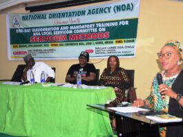 The National Coordinator/CEO SERVICOM PRESIDENCY, Mrs Nnenna Akajemili delivering her Key note address at the National Orientation Agency Inauguration of Ministerial SERVICOM Committee today