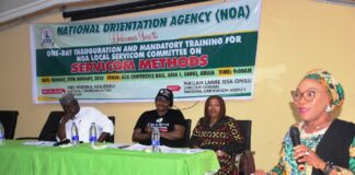 The National Coordinator/CEO SERVICOM PRESIDENCY, Mrs Nnenna Akajemili delivering her Key note address at the National Orientation Agency Inauguration of Ministerial SERVICOM Committee today