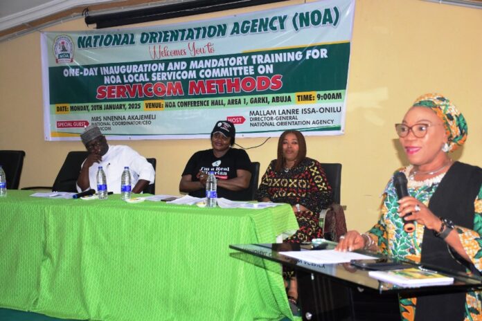 The National Coordinator/CEO SERVICOM PRESIDENCY, Mrs Nnenna Akajemili delivering her Key note address at the National Orientation Agency Inauguration of Ministerial SERVICOM Committee today