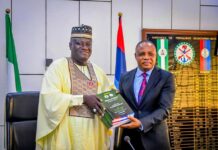 The New Permanent Secretary Ministry of Defence, Ambassador Gabriel Tanimu Aduda is with the Outgoing Permanent Secretary of the Ministry, Dr. Ibrahim Abubakar Kana mni.