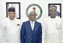 Director-General, Bureau of Public Procurement, BPP, Dr. Adebowale A. Adedokun, MCIPS (M), Chairman, House Committee on Public Procurement, Rt. Hon. Idem Unyime (L)and the Deputy Chairman, Hon. Sani Ibrahim Tanko (R),during the BPP 2025 Budget defence