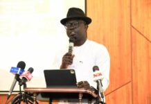 Honourable Minister, Federal Ministry of Youth Development, Comrade Ayodele Olawande, giving his keynote remarks, during the official Launch of the Youth Farmers Enrolment Portal, in Abuja.