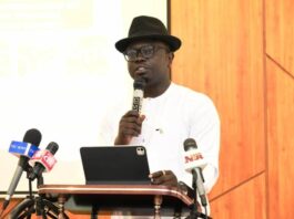 Honourable Minister, Federal Ministry of Youth Development, Comrade Ayodele Olawande, giving his keynote remarks, during the official Launch of the Youth Farmers Enrolment Portal, in Abuja.